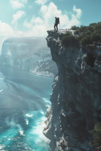 Ein Mensch, der auf einer Klippe steht und auf das weite Meer hinausblickt. Symbolisiert die Angst vor dem Unbekannten, aber auch die Möglichkeiten, die vor einem liegen.